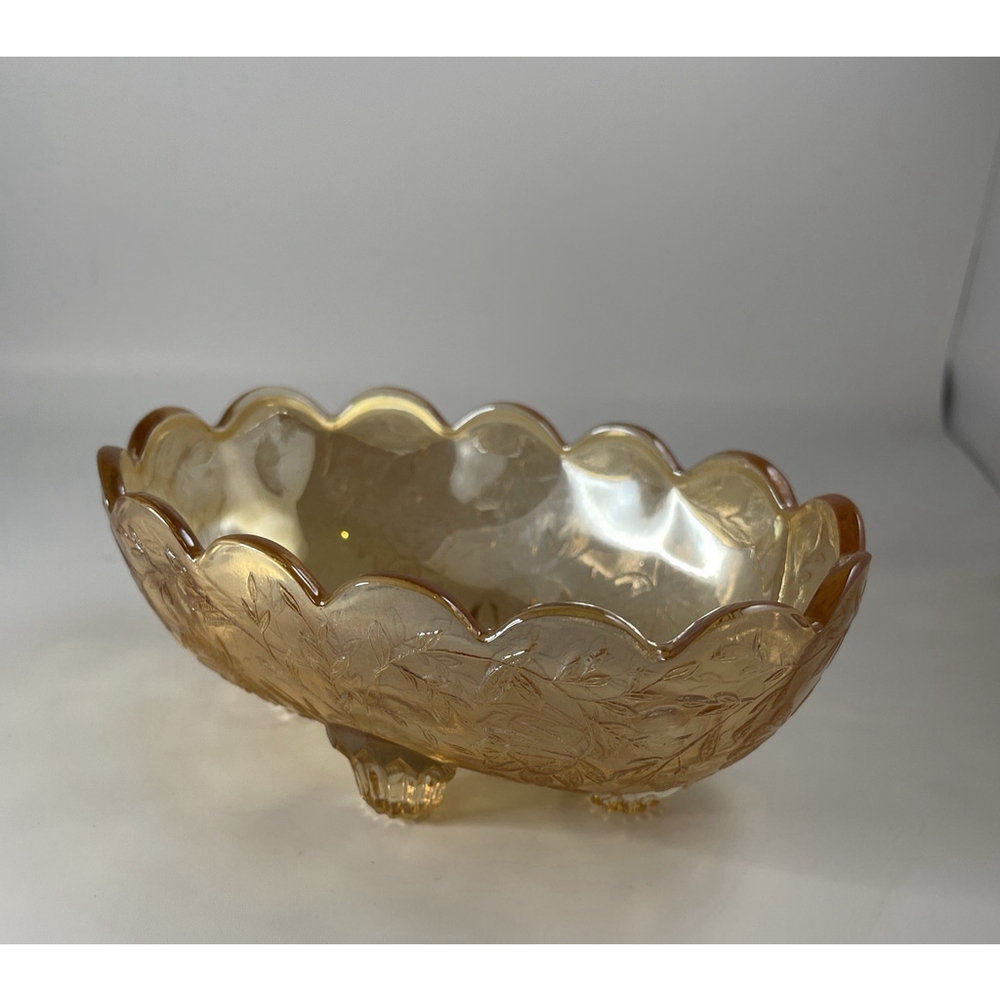 Vintage Jeanette Glass Floragold 4 Footed Oval Marigold Nut Or Candy Dish Bowl